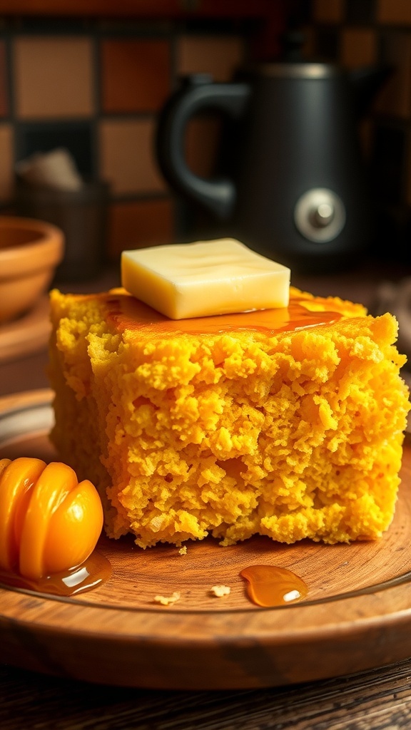 Freshly baked cornbread on a wooden plate with butter and honey.
